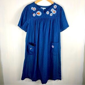 Go Softly Patio 100% Cotton Daisy Floral Embroidered Chambray Mini Dress Size PS